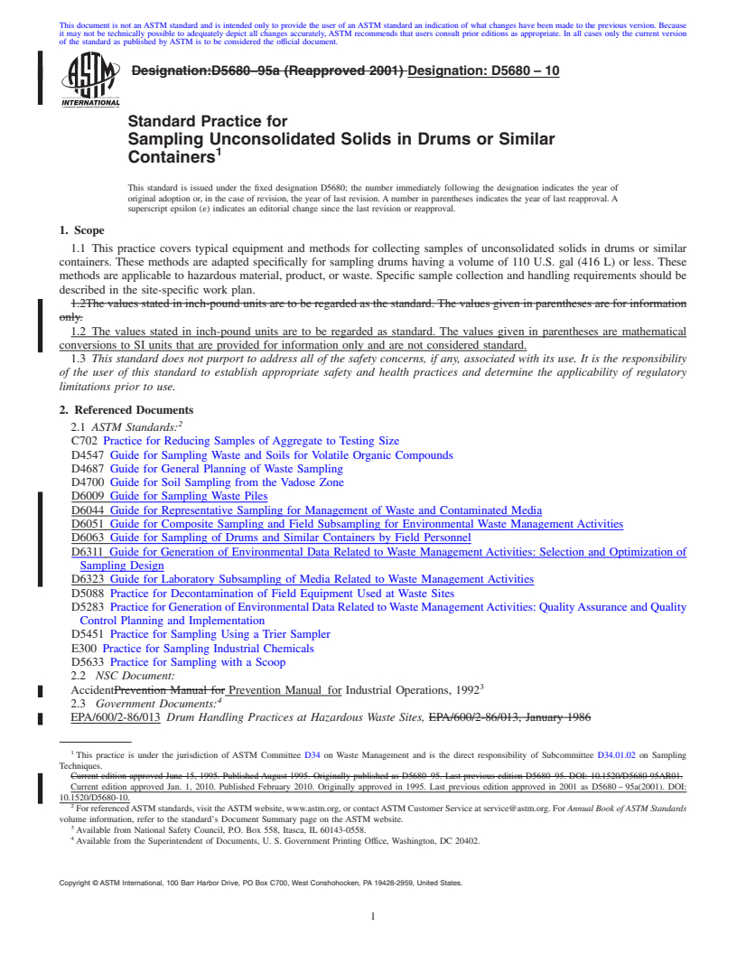 REDLINE ASTM D5680-10 - Standard Practice for Sampling Unconsolidated Solids in Drums or Similar Containers