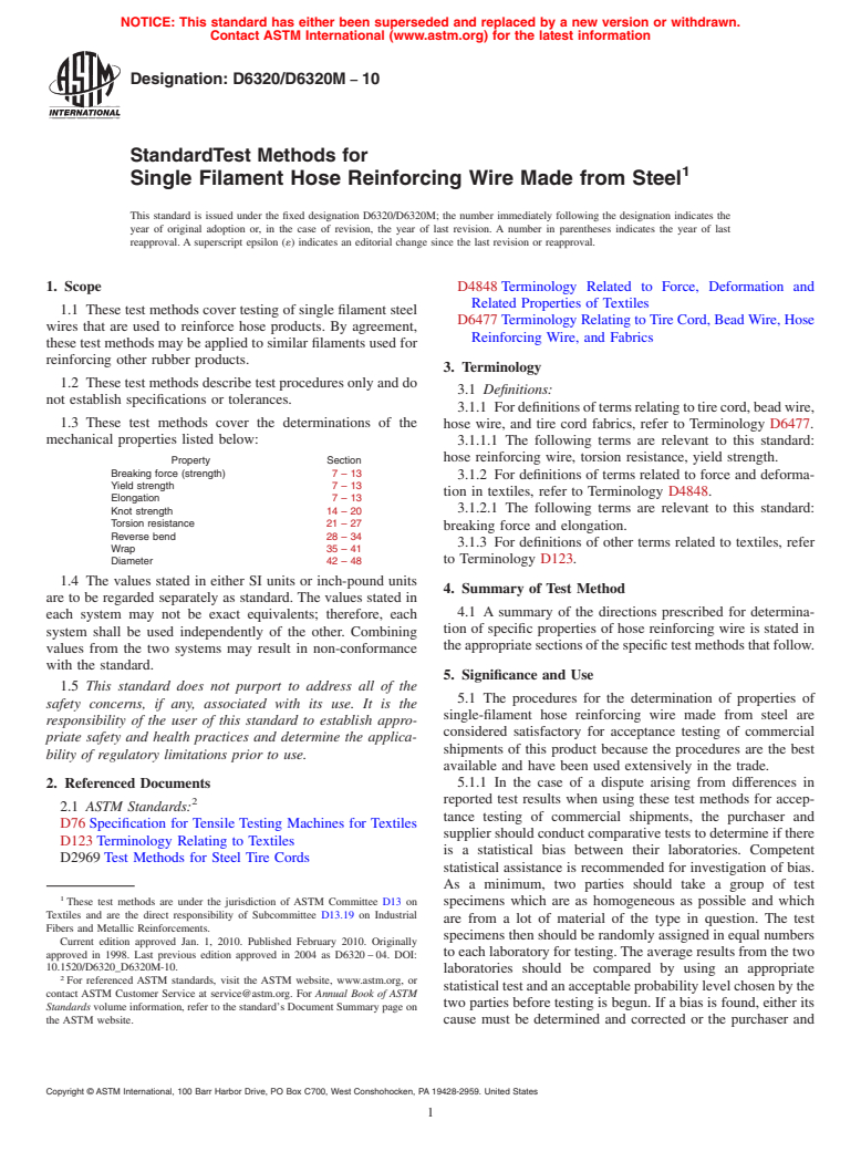 ASTM D6320/D6320M-10 - Standard Test Methods for Single Filament Hose Reinforcing Wire Made from Steel