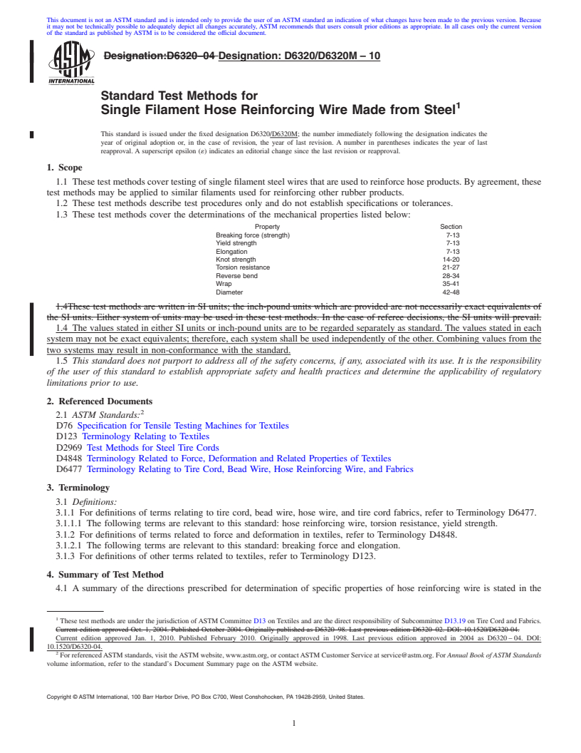 REDLINE ASTM D6320/D6320M-10 - Standard Test Methods for Single Filament Hose Reinforcing Wire Made from Steel