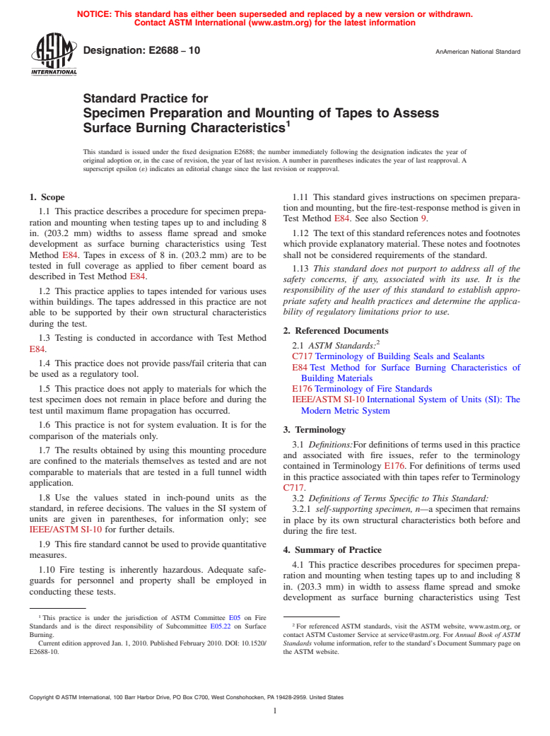 ASTM E2688-10 - Standard Practice for Specimen Preparation and Mounting of Tapes to Assess Surface Burning Characteristics