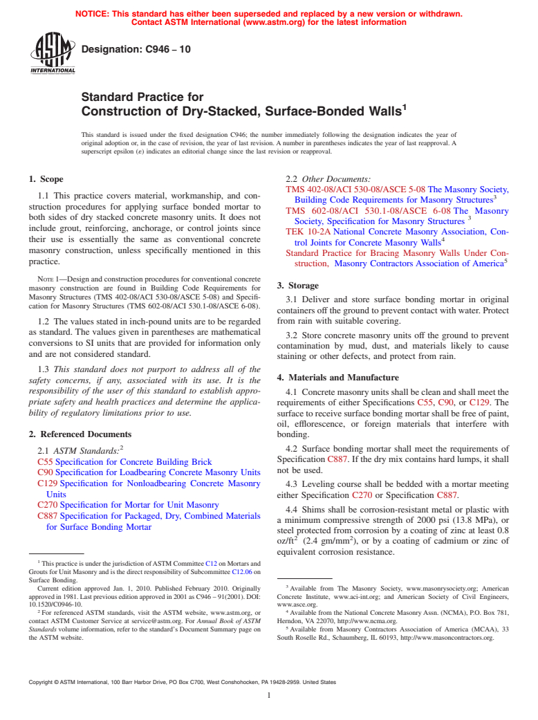 ASTM C946-10 - Standard Practice for Construction of Dry-Stacked, Surface-Bonded Walls