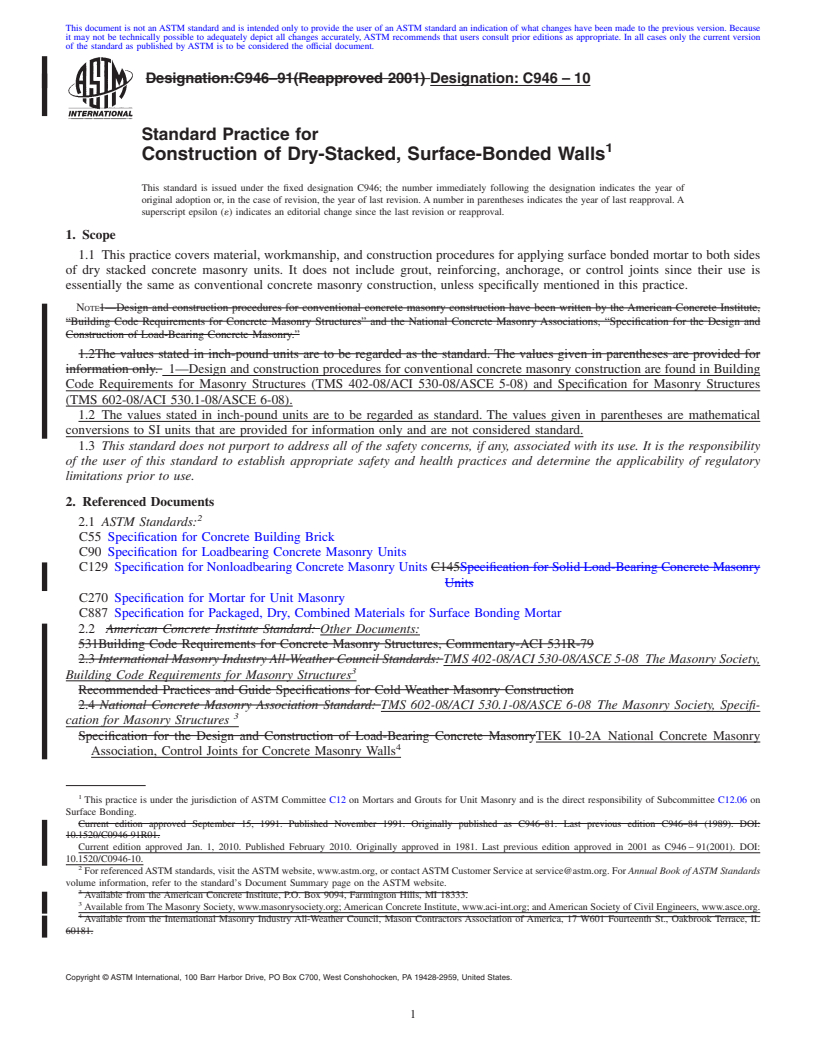 REDLINE ASTM C946-10 - Standard Practice for Construction of Dry-Stacked, Surface-Bonded Walls