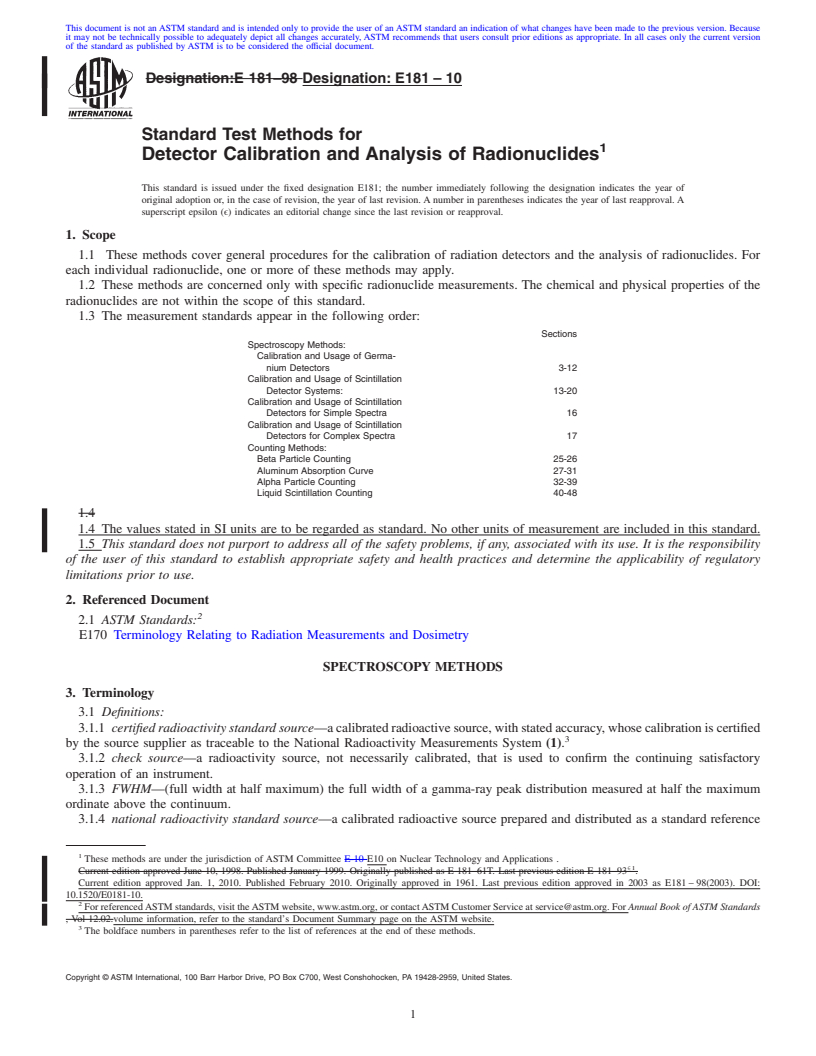 REDLINE ASTM E181-10 - Standard Test Methods for Detector Calibration and Analysis of Radionuclides
