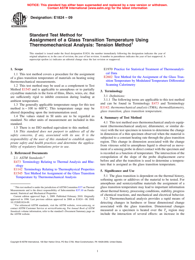 ASTM E1824-09 - Standard Test Method for  Assignment of a Glass Transition Temperature Using Thermomechanical Analysis: Tension Method