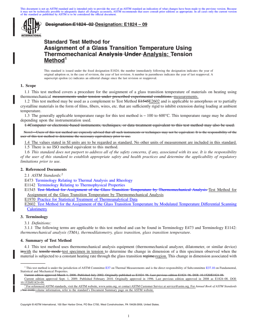 REDLINE ASTM E1824-09 - Standard Test Method for  Assignment of a Glass Transition Temperature Using Thermomechanical Analysis: Tension Method