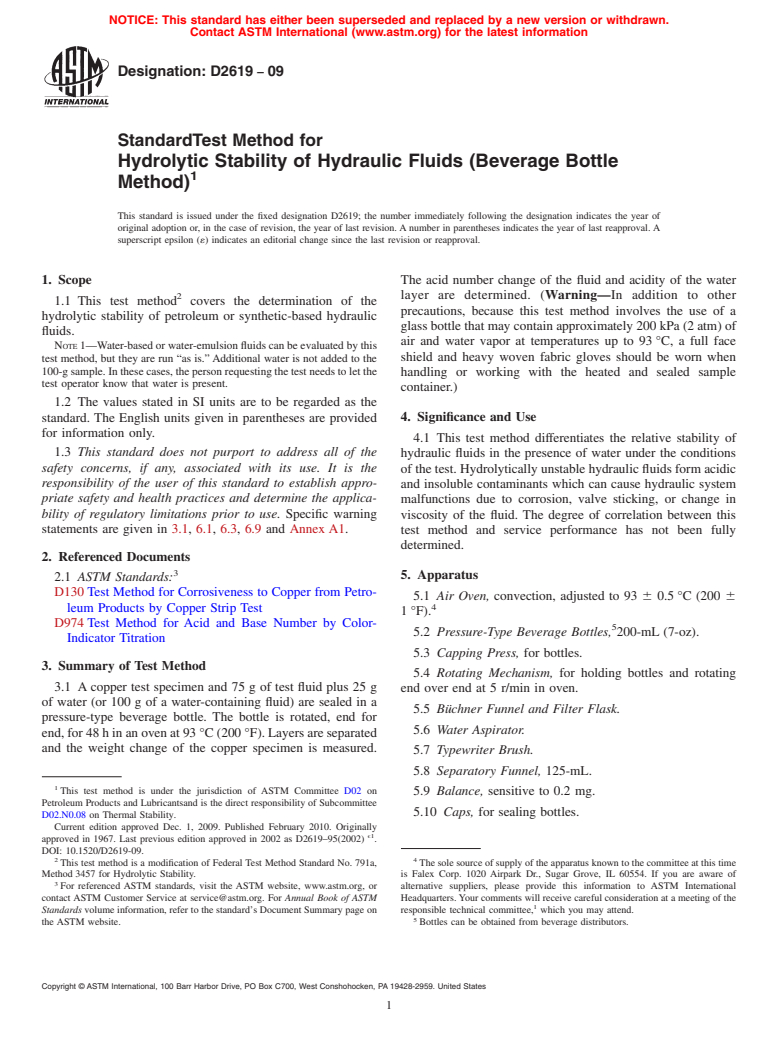 ASTM D2619-09 - Standard Test Method for Hydrolytic Stability of Hydraulic Fluids (Beverage Bottle Method)