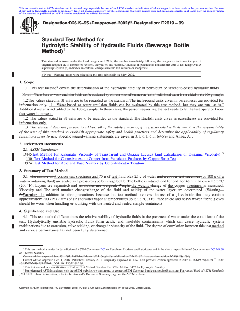 REDLINE ASTM D2619-09 - Standard Test Method for Hydrolytic Stability of Hydraulic Fluids (Beverage Bottle Method)