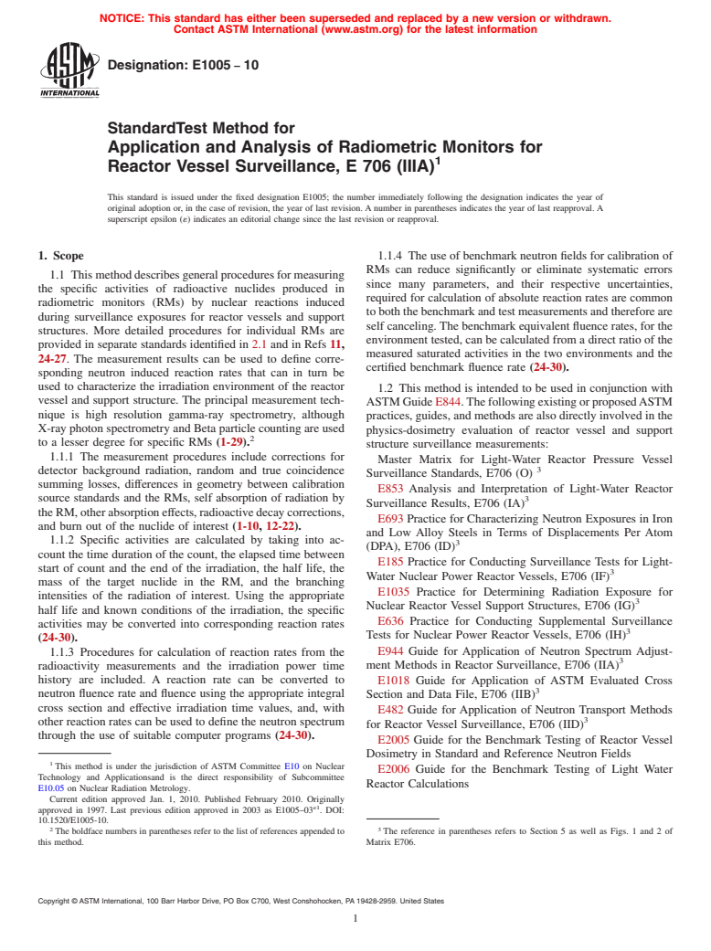 ASTM E1005-10 - Standard Test Method for Application and Analysis of Radiometric Monitors for Reactor Vessel Surveillance, E 706(IIIA)
