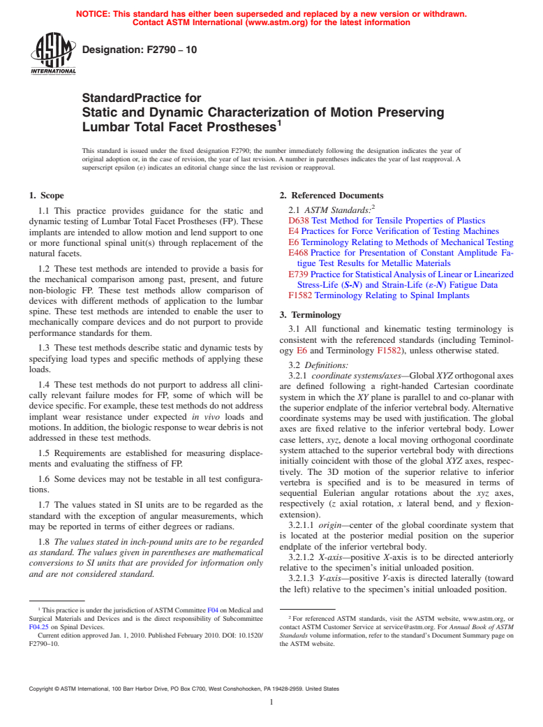 ASTM F2790-10 - Standard Practice for Static and Dynamic Characterization of Motion Preserving Lumbar Total Facet Prostheses