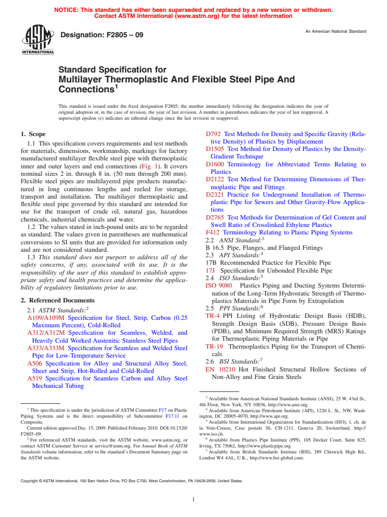 ASTM F2805-09 - Standard Specification for Multilayer Thermoplastic And Flexible Steel Pipe And Connections