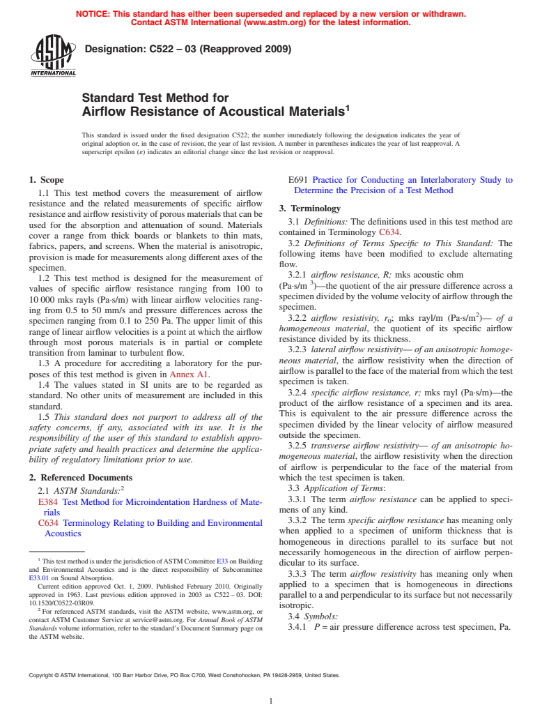 ASTM C522-03(2009) - Standard Test Method for Airflow Resistance of Acoustical Materials