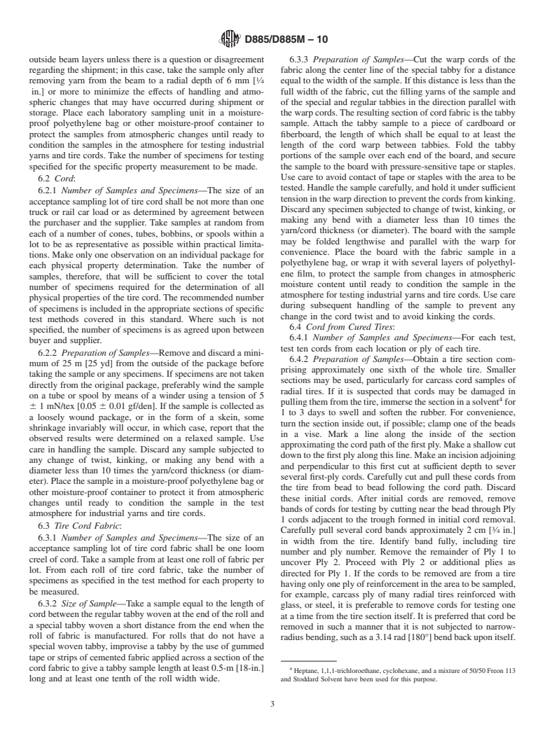 ASTM D885/D885M-10 - Standard Test Methods for Tire Cords, Tire Cord Fabrics, and Industrial Filament Yarns Made from Manufactured Organic-Base Fibers