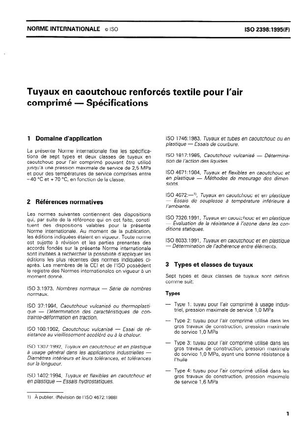 ISO 2398:1995 - Tuyaux en caoutchouc renforcés textile pour l'air comprimé -- Spécifications