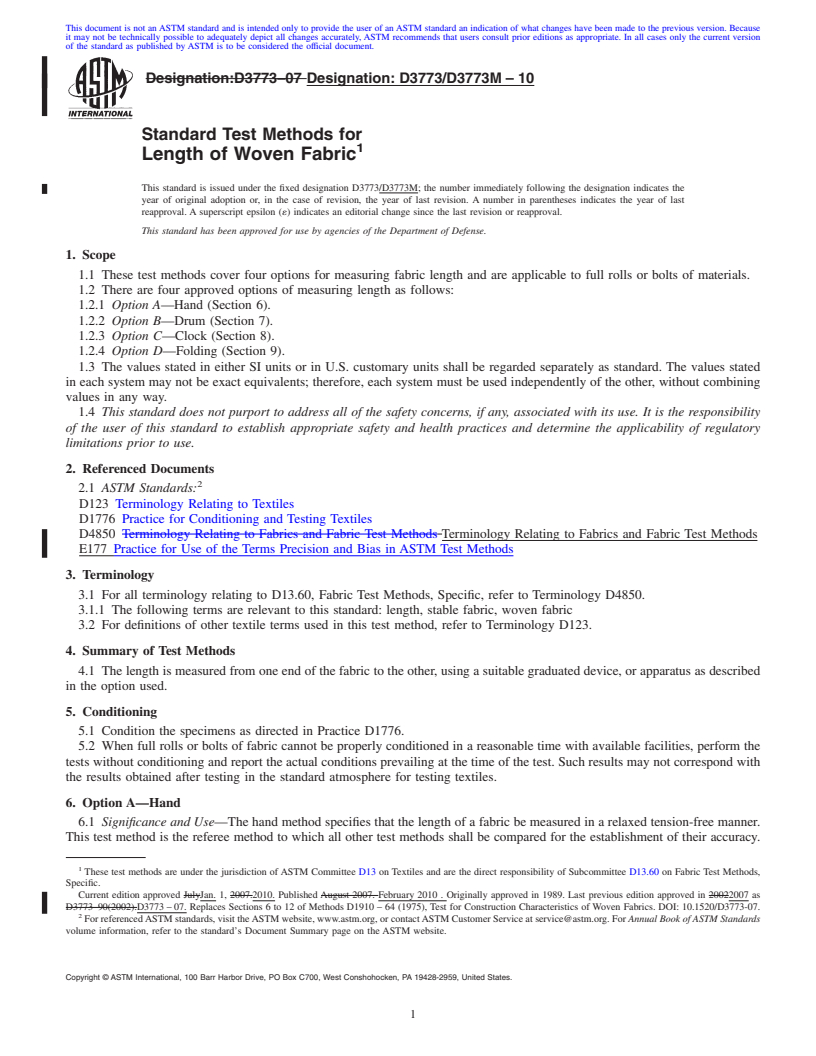 REDLINE ASTM D3773/D3773M-10 - Standard Test Methods for Length of Woven Fabric