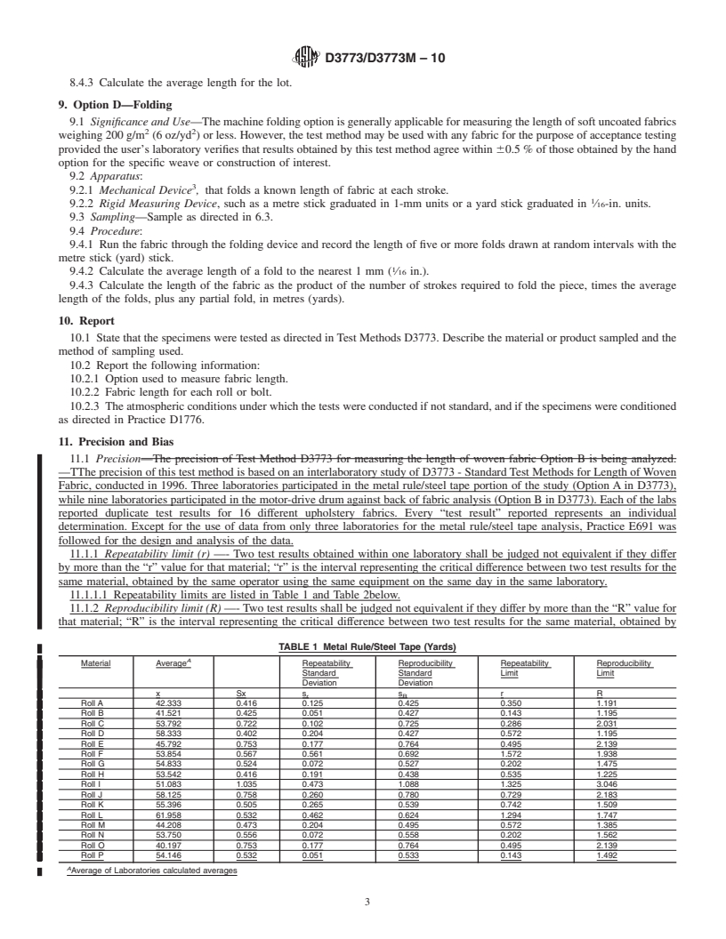 REDLINE ASTM D3773/D3773M-10 - Standard Test Methods for Length of Woven Fabric