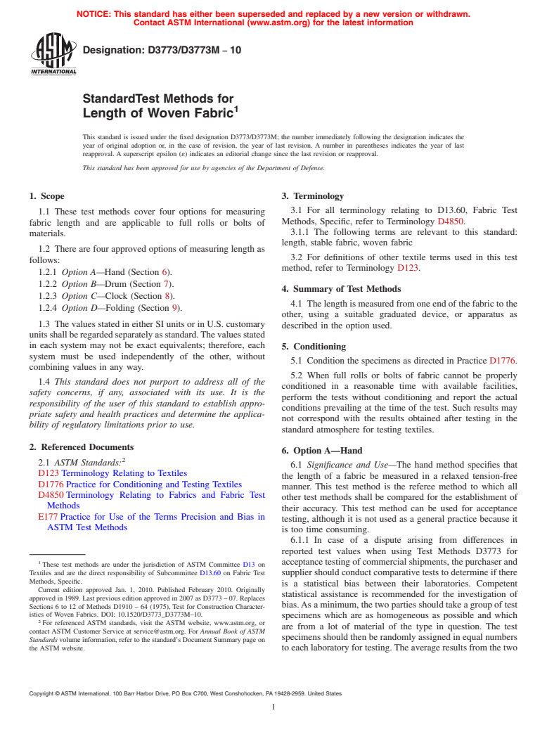 ASTM D3773/D3773M-10 - Standard Test Methods for Length of Woven Fabric