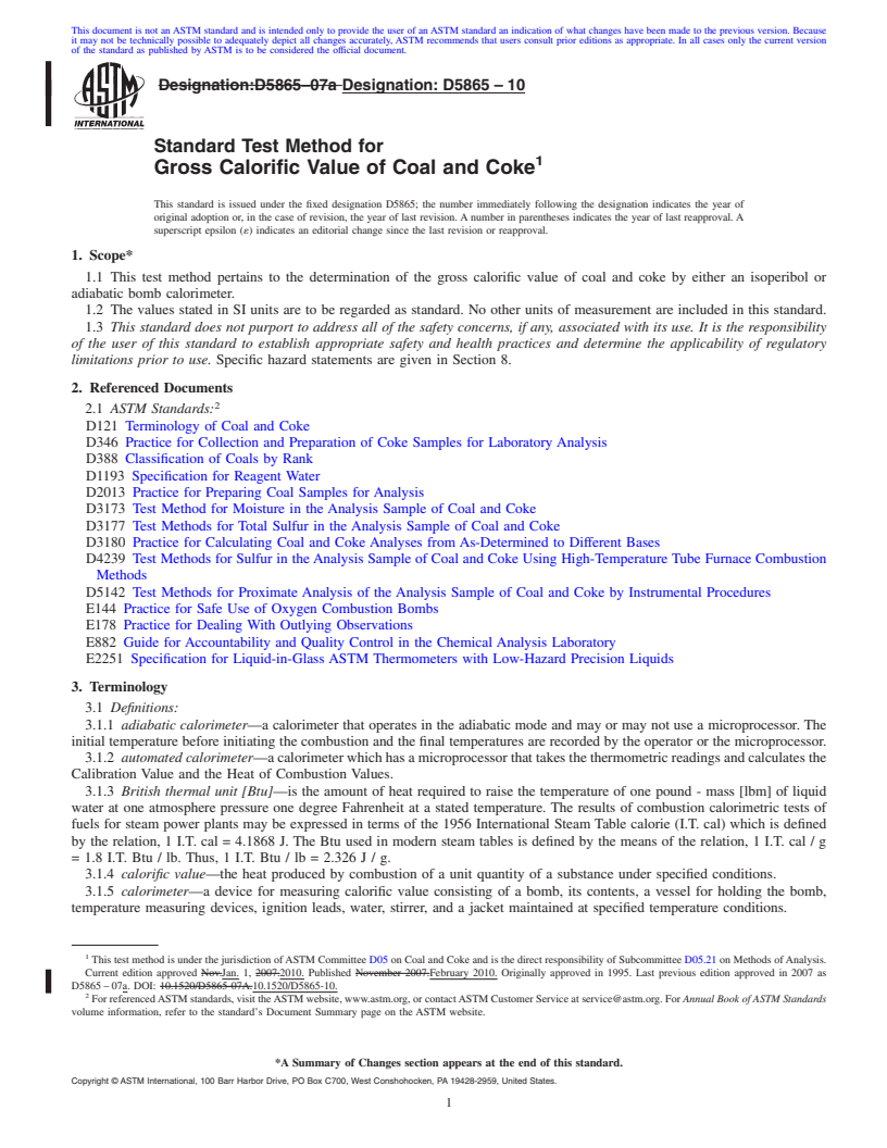 REDLINE ASTM D5865-10 - Standard Test Method for  Gross Calorific Value of Coal and Coke