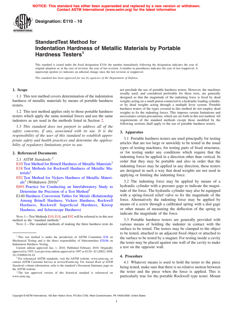 ASTM E110-10 - Standard Test Method for Indentation Hardness of Metallic Materials by Portable Hardness Testers