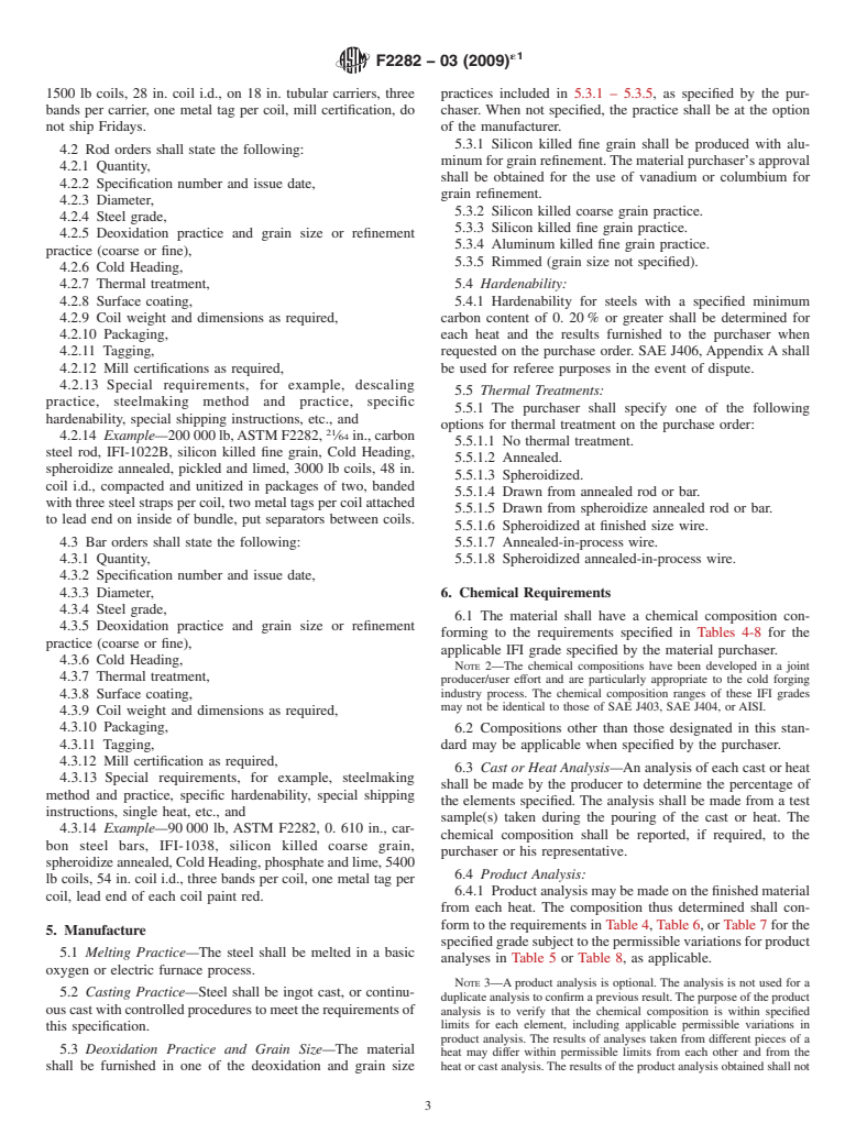 ASTM F2282-03(2009)e1 - Standard Specification for Quality Assurance Requirements for Carbon and Alloy Steel Wire, Rods, and Bars for Mechanical Fasteners