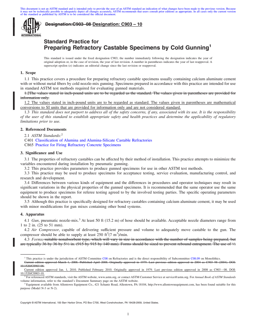 REDLINE ASTM C903-10 - Standard Practice for Preparing Refractory Castable Specimens by Cold Gunning