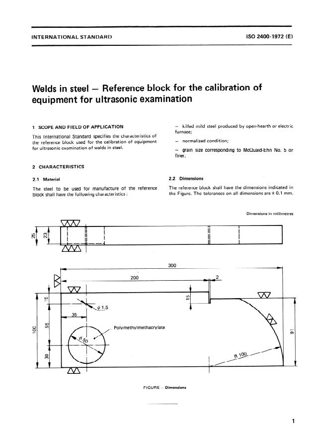 ISO 2400:1972 - Welds in steel -- Reference block for the calibration of equipment for ultrasonic examination