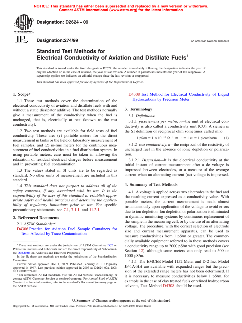 ASTM D2624-09 - Standard Test Methods for Electrical Conductivity of Aviation and Distillate Fuels