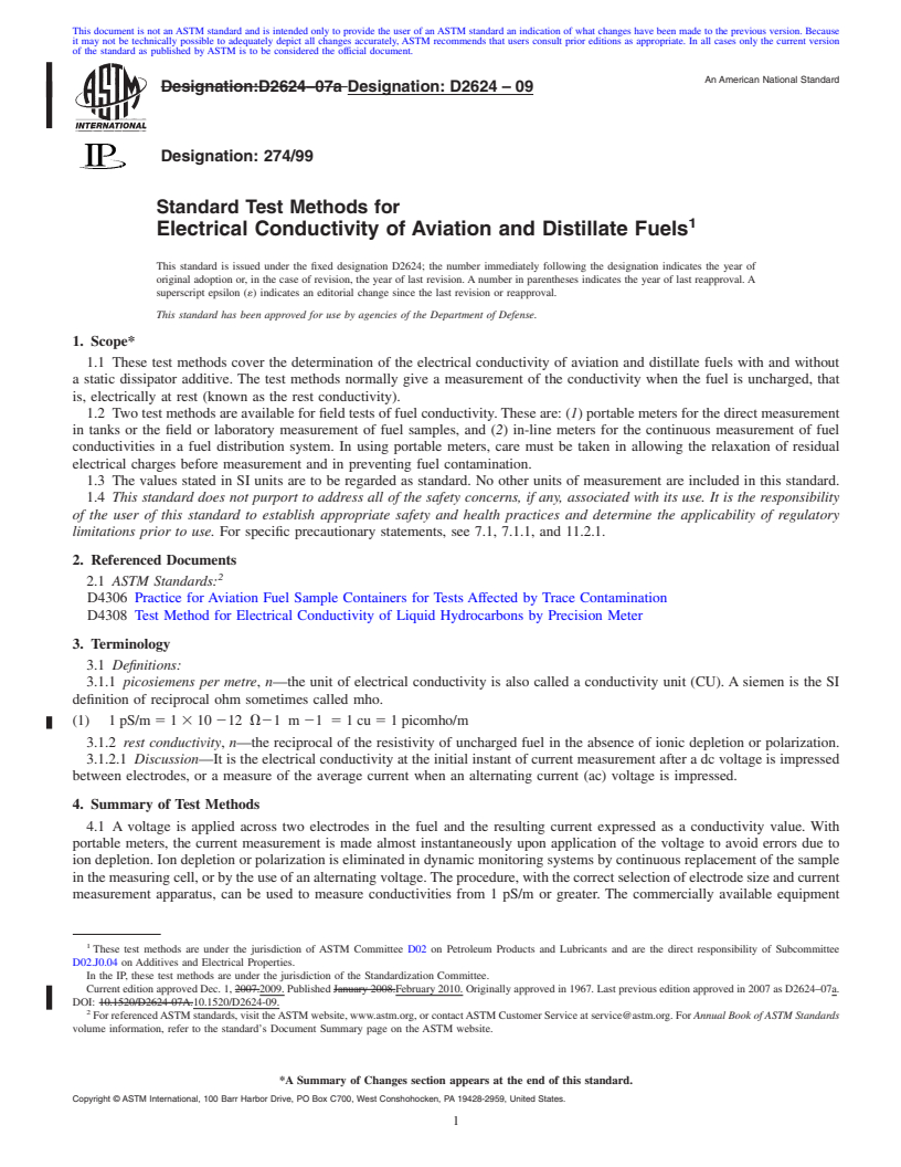 REDLINE ASTM D2624-09 - Standard Test Methods for Electrical Conductivity of Aviation and Distillate Fuels