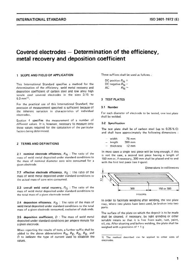 ISO 2401:1972 - Covered electrodes -- Determination of the efficiency, metal recovery and deposition coefficient
