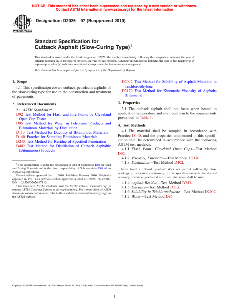 ASTM D2026-97(2010) - Standard Specification for Cutback Asphalt (Slow-Curing Type)