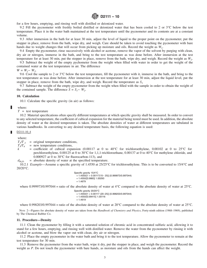 REDLINE ASTM D2111-10 - Standard Test Methods for Specific Gravity and Density of Halogenated Organic Solvents and Their Admixtures