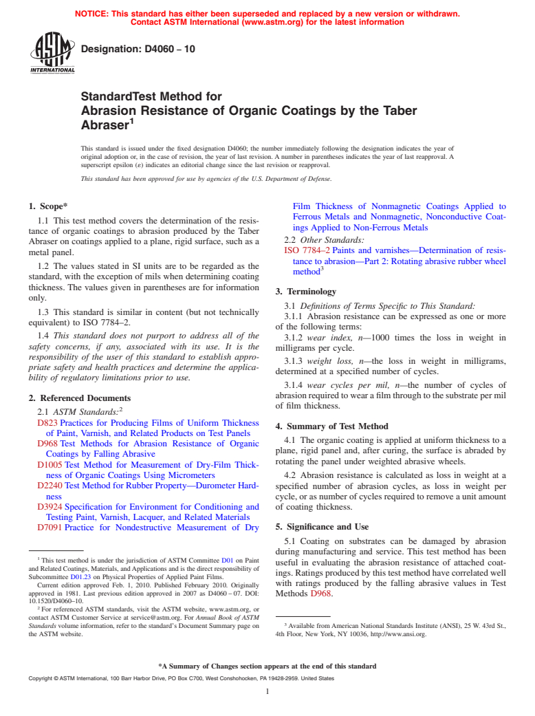 ASTM D4060-10 - Standard Test Method for Abrasion Resistance of Organic Coatings by the Taber Abraser