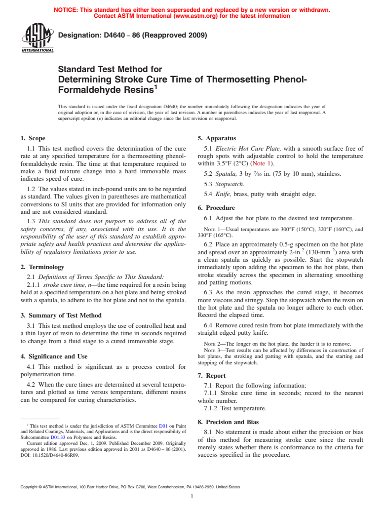 ASTM D4640-86(2009) - Standard Test Method for Determining Stroke Cure Time of Thermosetting Phenol-Formaldehyde Resins