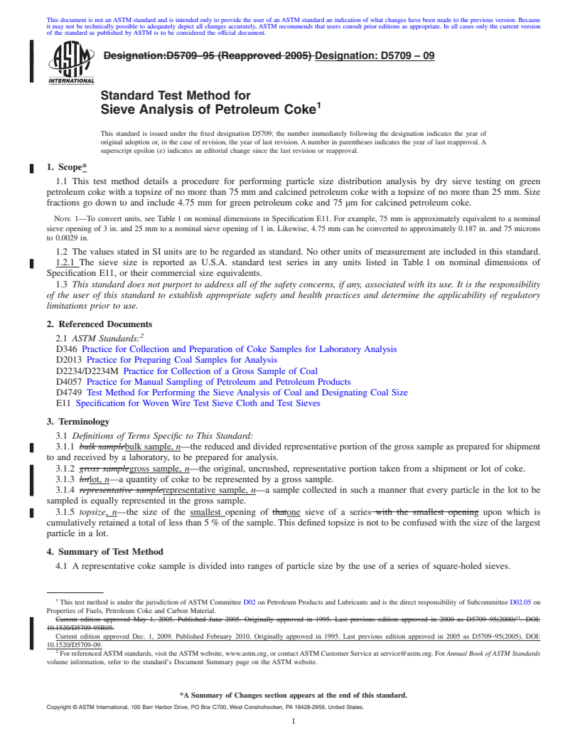 REDLINE ASTM D5709-09 - Standard Test Method for Sieve Analysis of Petroleum Coke