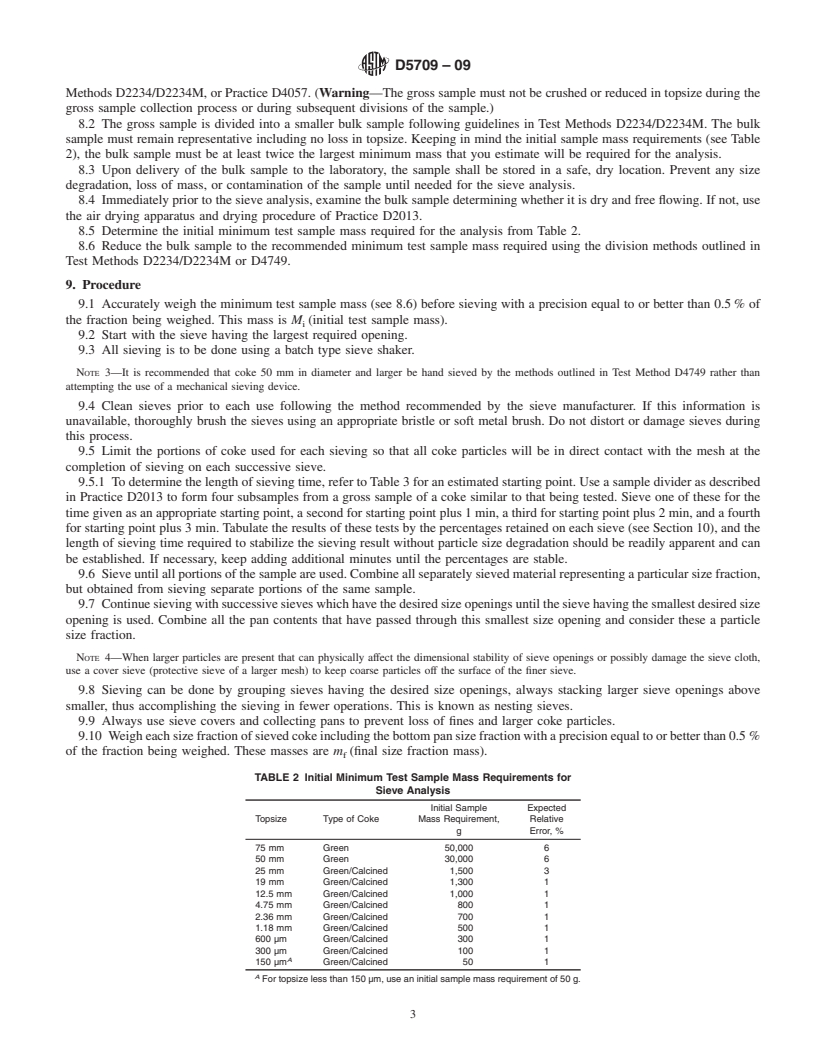 REDLINE ASTM D5709-09 - Standard Test Method for Sieve Analysis of Petroleum Coke