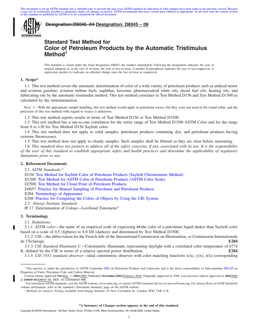 REDLINE ASTM D6045-09 - Standard Test Method for Color of Petroleum Products by the Automatic Tristimulus Method