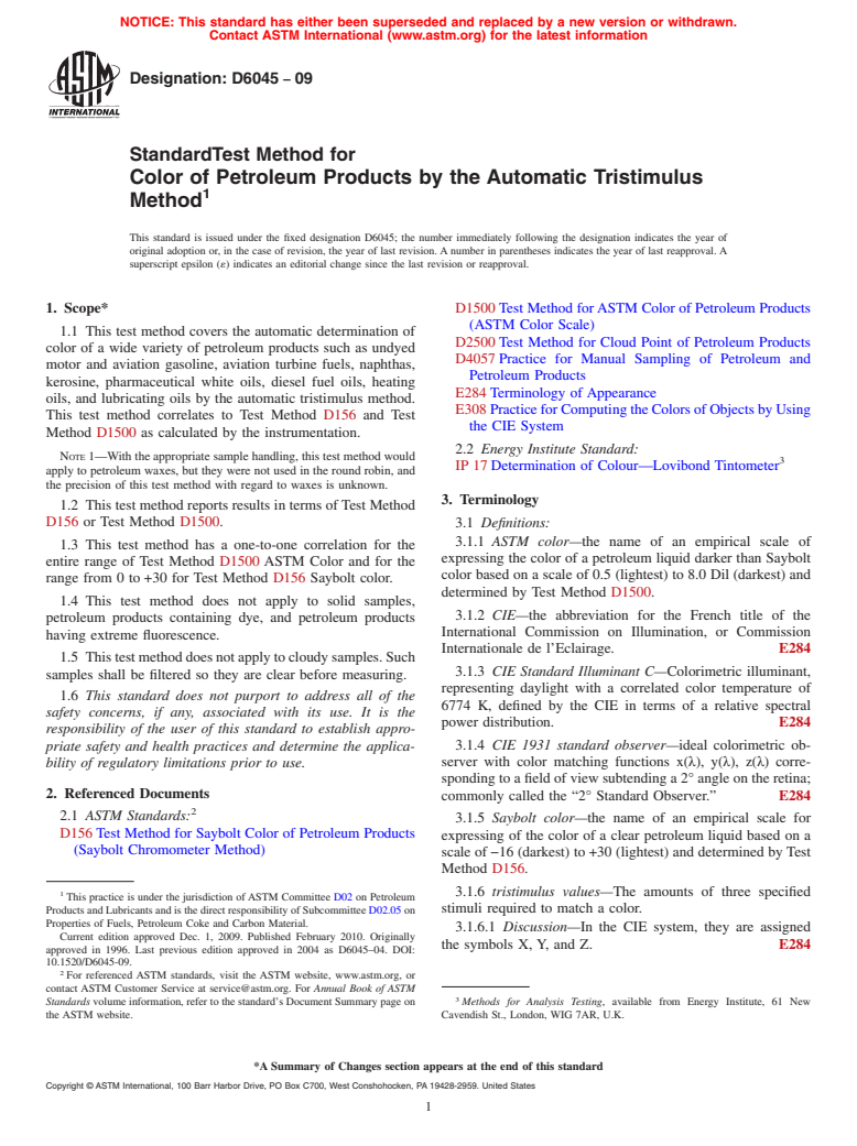 ASTM D6045-09 - Standard Test Method for Color of Petroleum Products by the Automatic Tristimulus Method