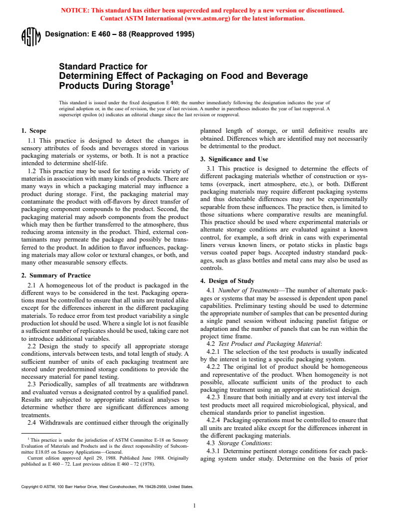 ASTM E460-88(1995) - Standard Practice for Determining Effect of Packaging on Food and Beverage Products During Storage