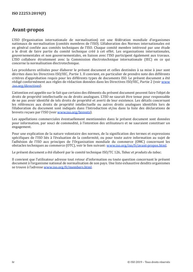 ISO 22253:2019 ISO 22253:2019 - Cigarettes -- Dosage de la nicotine dans la matiere particulaire totale provenant du courant principal de fumée avec un régime de fumage intense -- Méthode par chromatographie en phase gazeuse - Page 4 preview