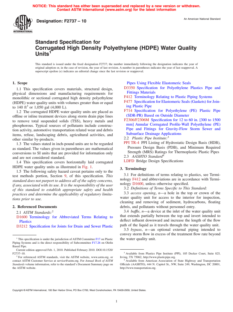 ASTM F2737-10 - Standard Specification for Corrugated High Density Polyethylene (HDPE) Water Quality Units