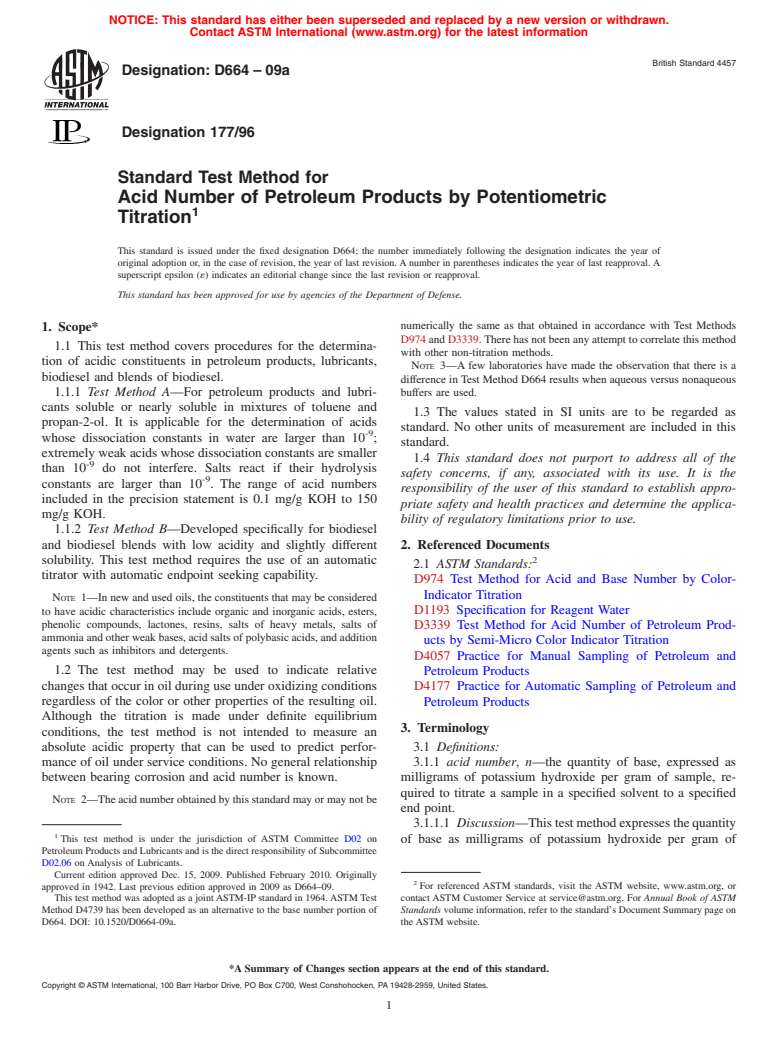 ASTM D664-09a - Standard Test Method for Acid Number of Petroleum Products by Potentiometric Titration