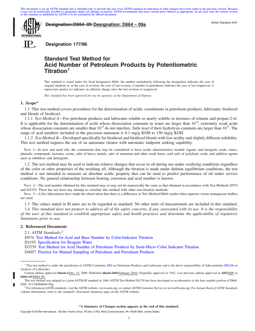 REDLINE ASTM D664-09a - Standard Test Method for Acid Number of Petroleum Products by Potentiometric Titration