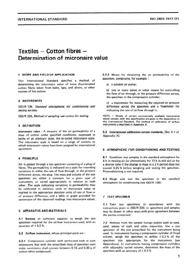 ISO 2403:1972 - Textiles -- Cotton fibres -- Determination of micronaire value