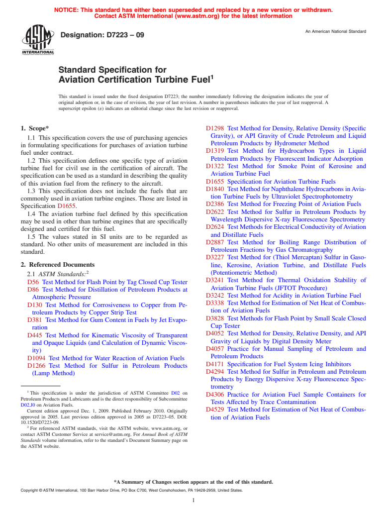 ASTM D7223-09 - Standard Specification for Aviation Certification Turbine Fuel