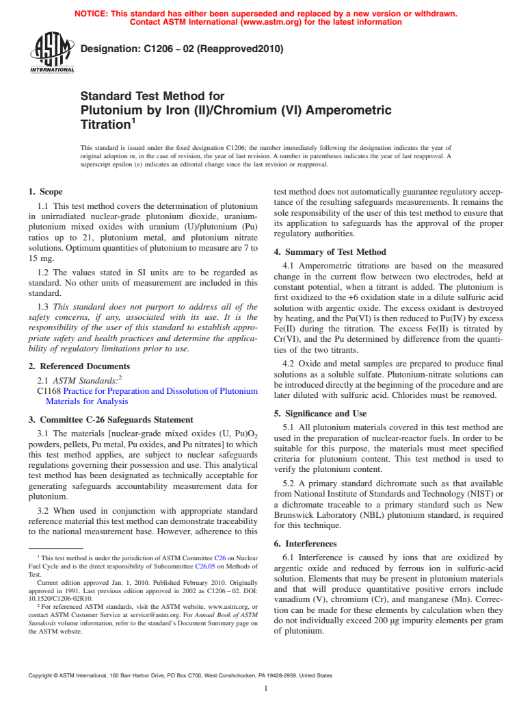 ASTM C1206-02(2010) - Standard Test Method for Plutonium by Iron (II)/Chromium (VI) Amperometric Titration (Withdrawn 2015)