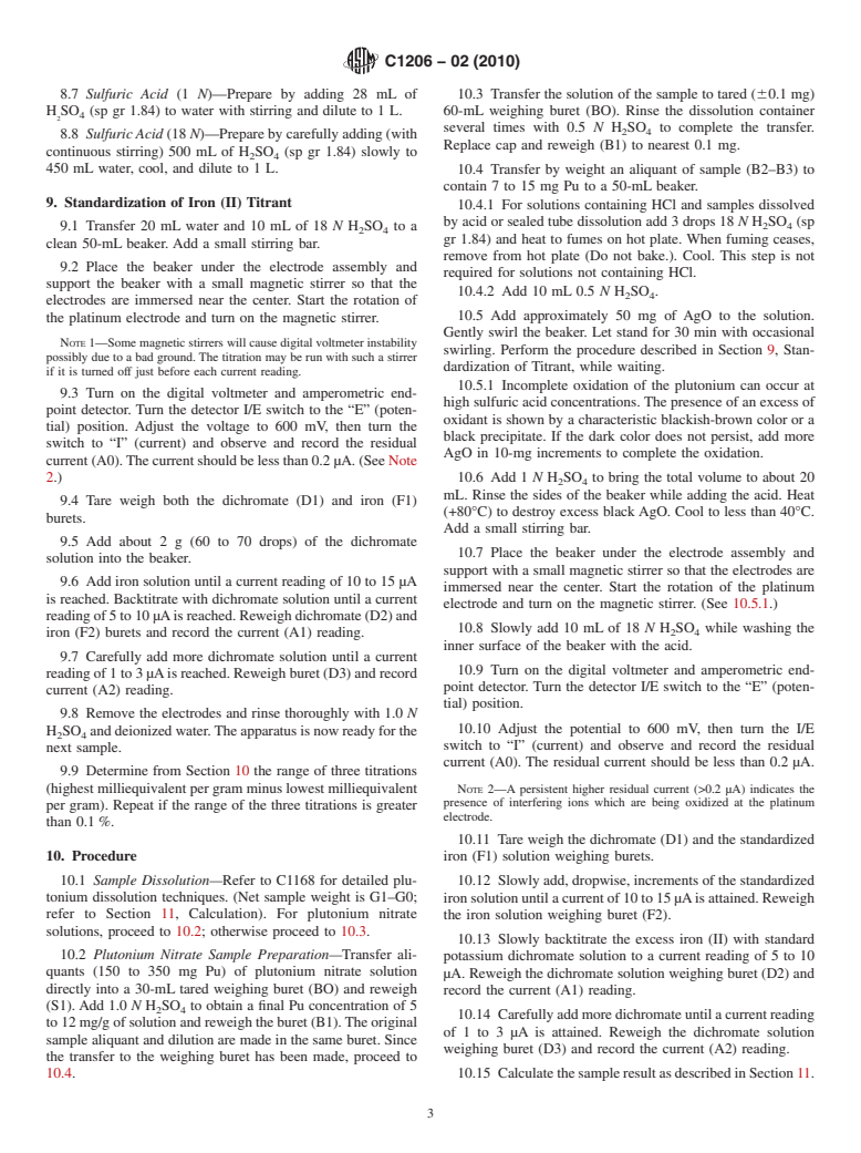 ASTM C1206-02(2010) - Standard Test Method for Plutonium by Iron (II)/Chromium (VI) Amperometric Titration (Withdrawn 2015)