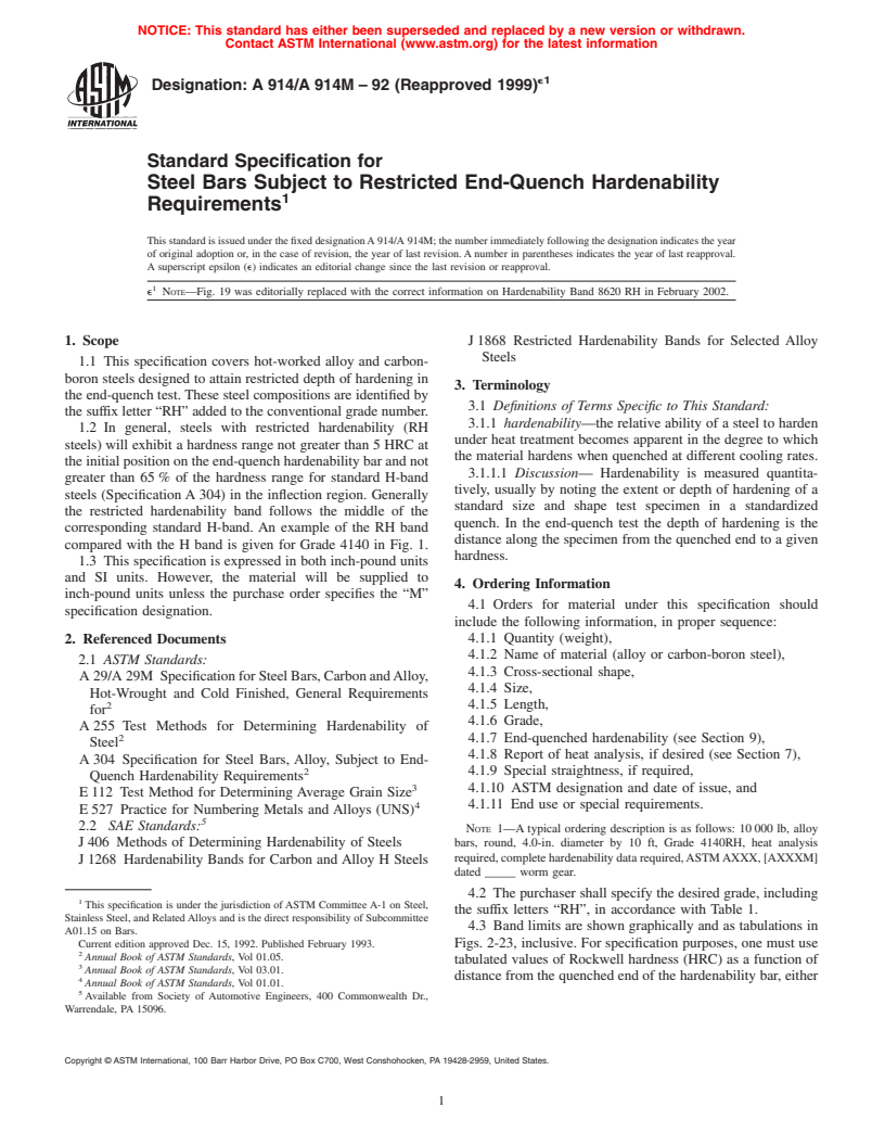 ASTM A914/A914M-92(1999)e1 - Standard Specification for Steel Bars Subject to Restricted End-Quench Hardenability Requirements