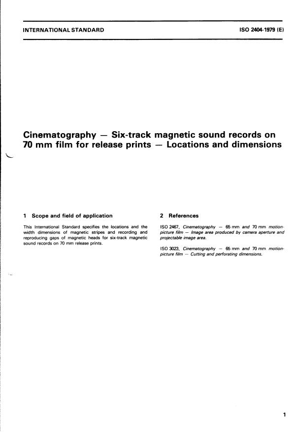ISO 2404:1979 - Cinematography -- Six-track magnetic sound records on 70 mm film for release prints -- Locations and dimensions