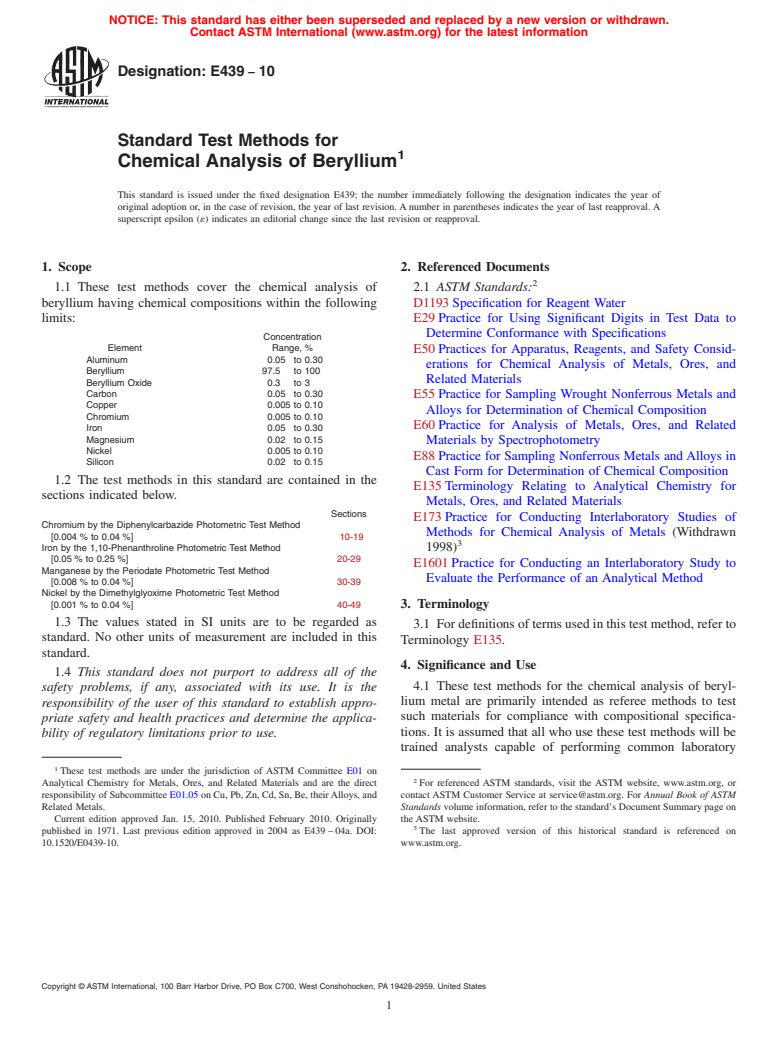 ASTM E439-10 - Standard Test Methods for Chemical Analysis of Beryllium