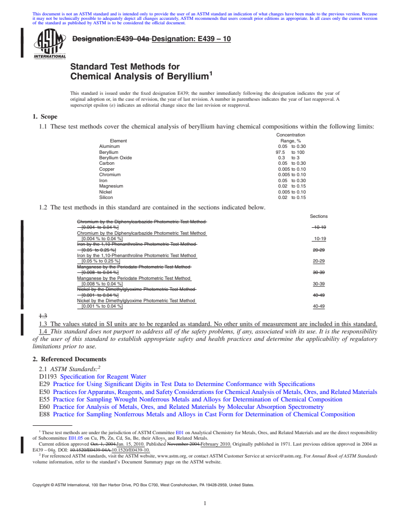 REDLINE ASTM E439-10 - Standard Test Methods for Chemical Analysis of Beryllium