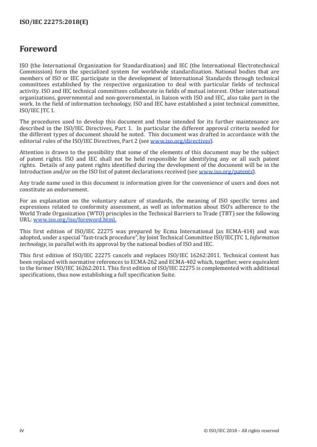ISO/IEC 22275:2018 ISO/IEC 22275:2018 - Information technology -- Programming languages, their environments, and system software interfaces -- ECMAScript® Specification Suite - Page 4 preview